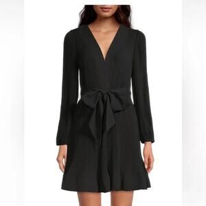 Milly V Neck Long Sleeve Pleated Liv Belted Mini Dress Black 0
